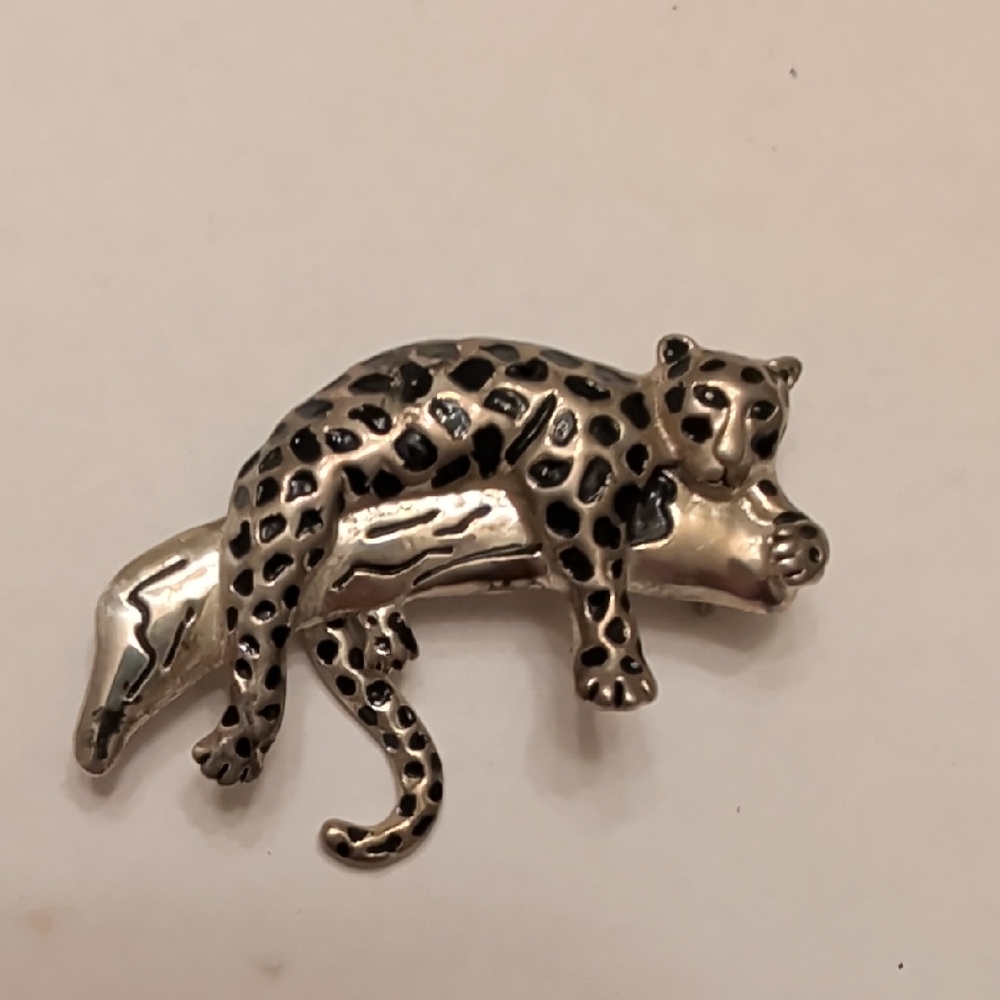 Vintage Silver and Black Leopard Brooch